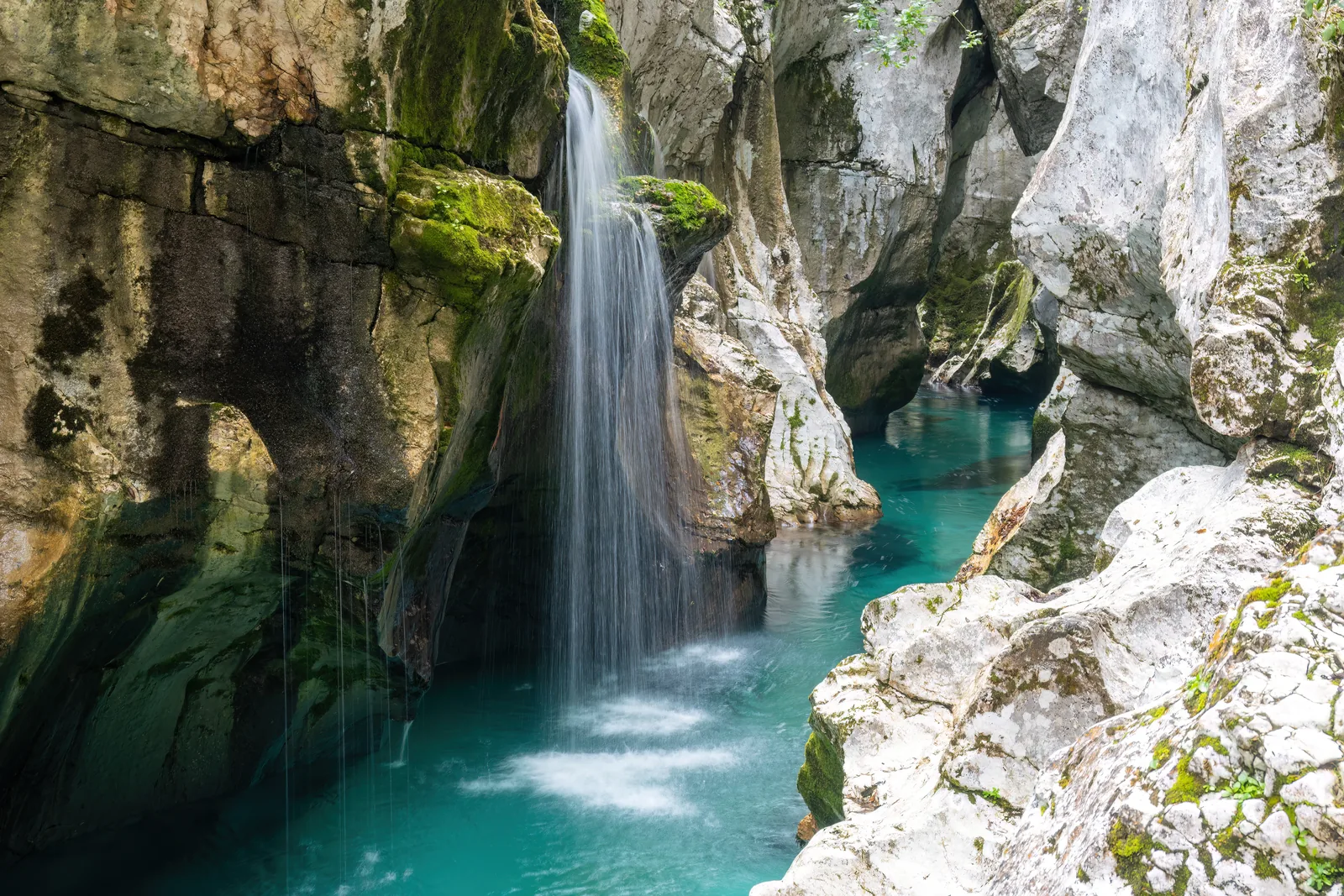 A waterfall drops into the turquoise Soča between pale, water-worn rock walls of the Great Soča Gorge in Triglav National Park