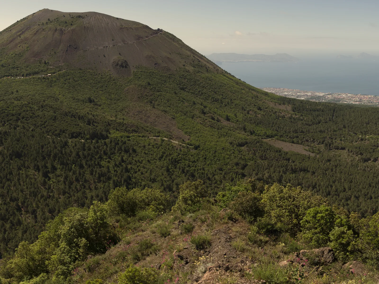 The cone of Vesuvius in Vesuvius National Park, seen from Monte Somma, with the Bay of Naples behind