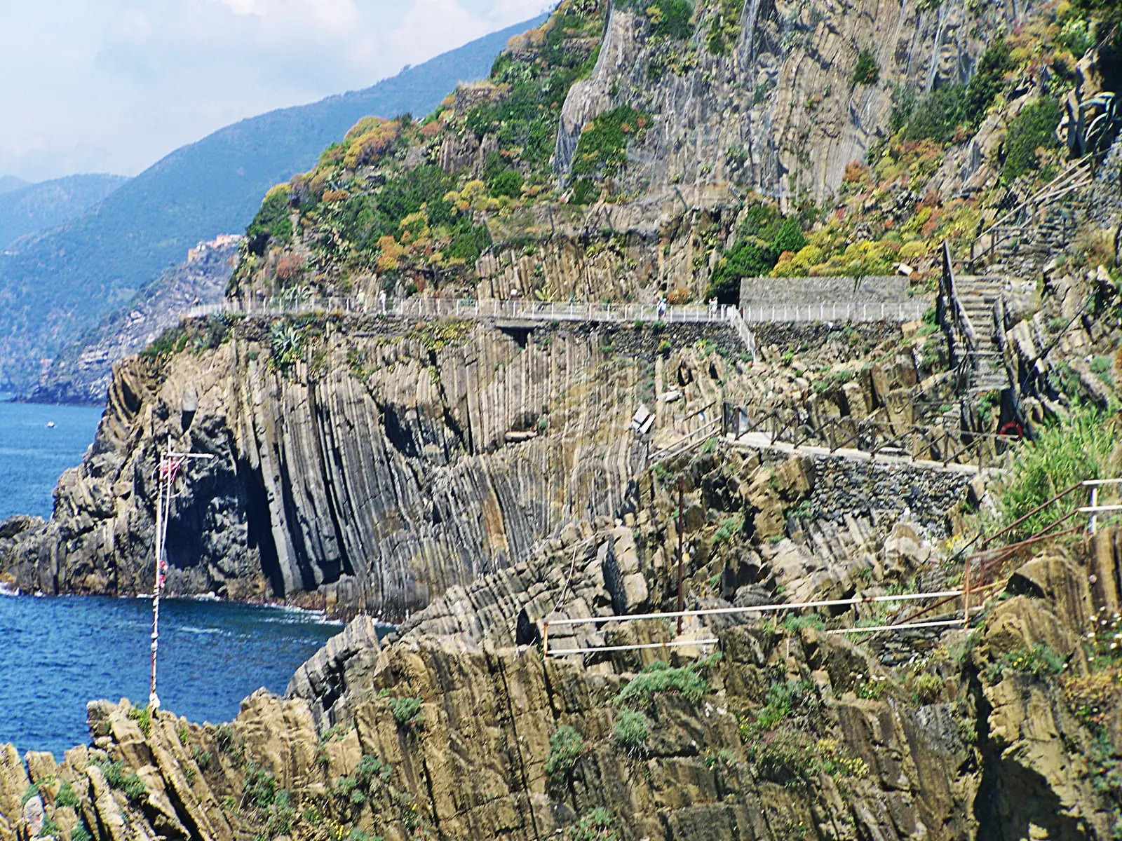 Tilted rock layers on the cliff below the Via dell'Amore, with the railed path running along the top