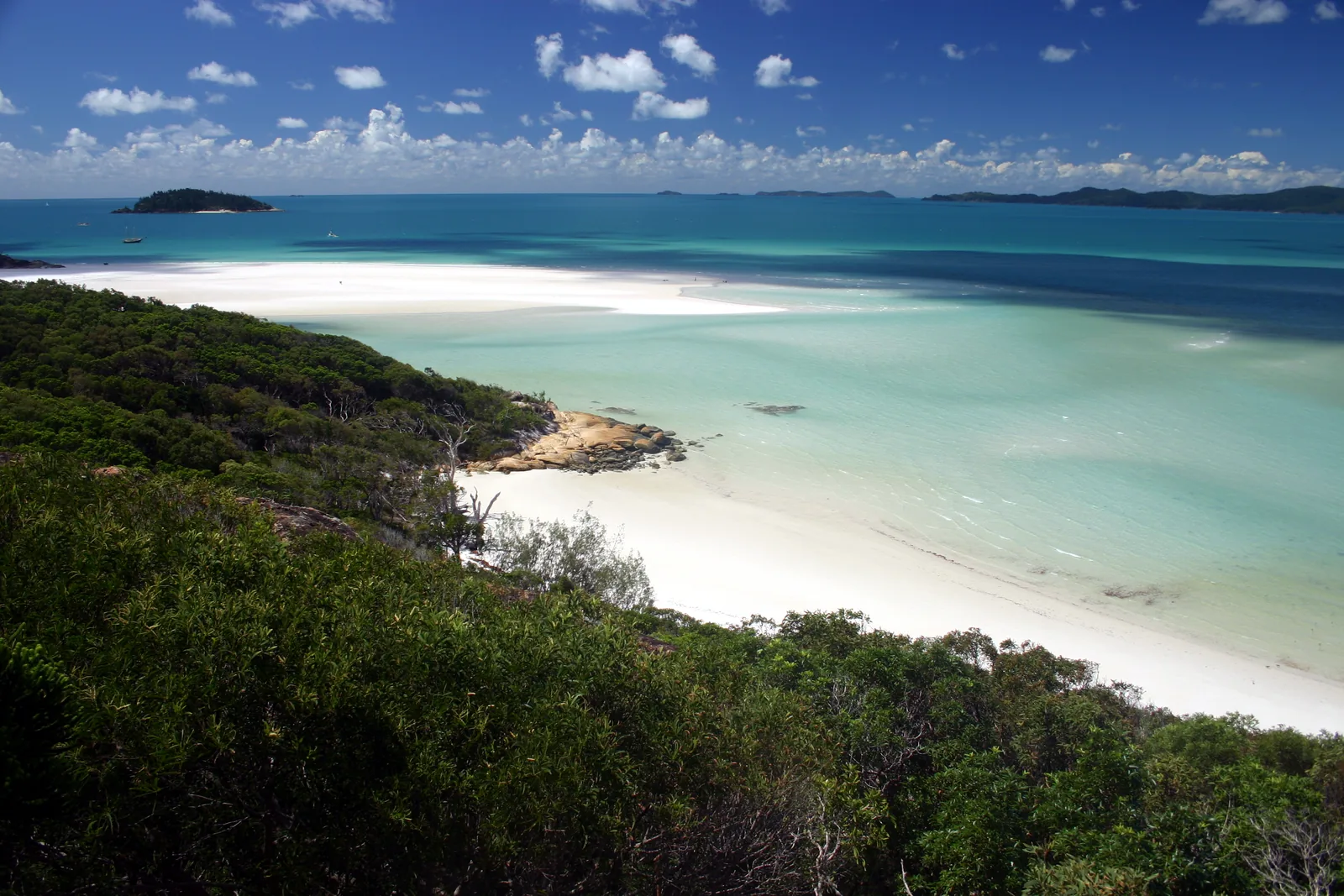 View over bushland to the white sand and turquoise water of Whitehaven Beach in the Whitsundays on the Great Barrier Reef