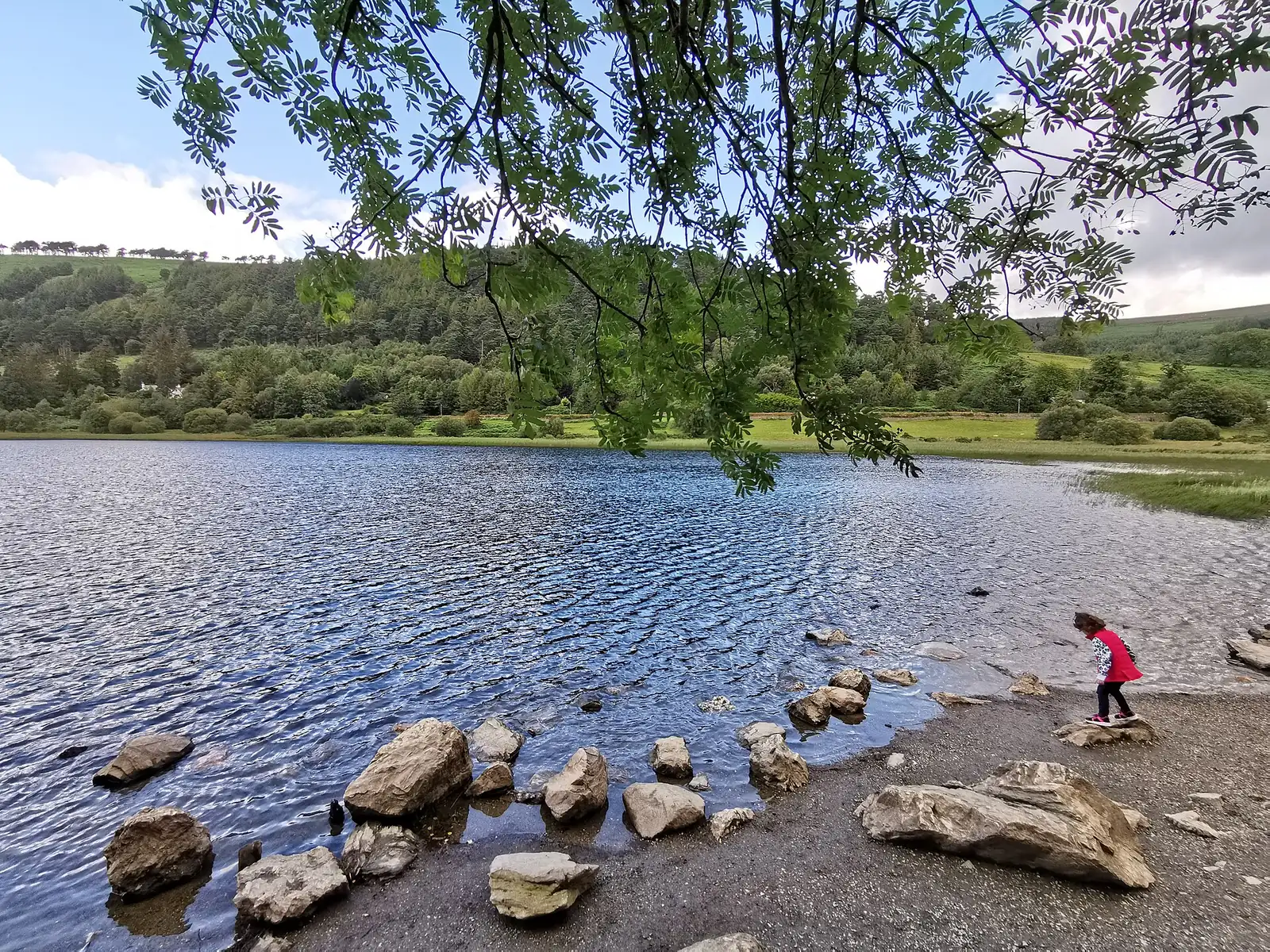 The Upper Lake at Glendalough in Wicklow Mountains National Park between steep wooded mountainsides