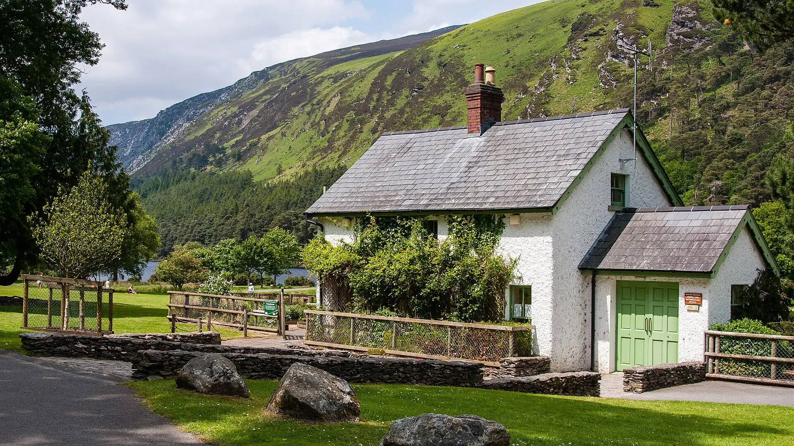 The Wicklow Mountains National Park information office at Glendalough, a stone building amid greenery