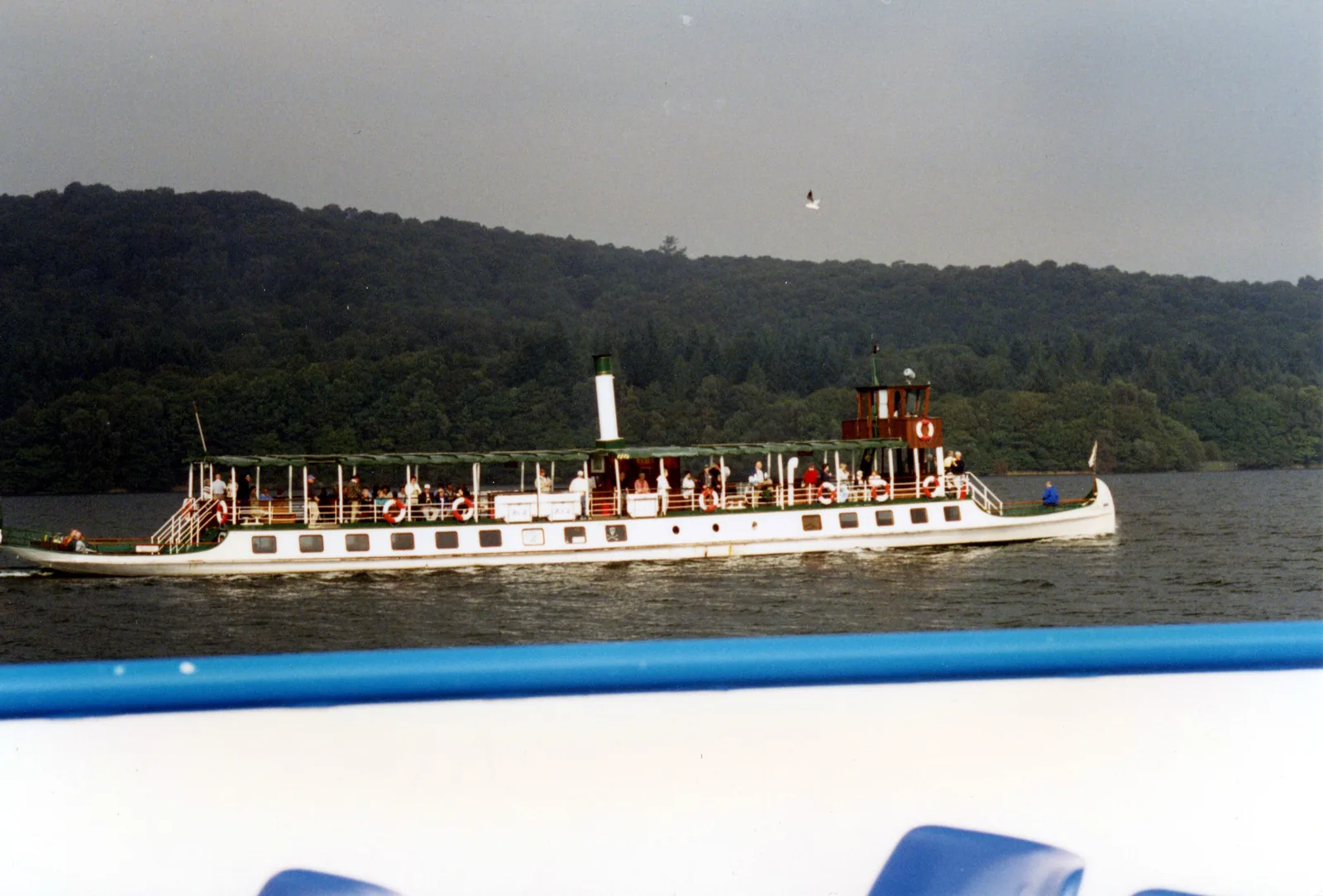 The historic motor vessel Tern of Windermere Lake Cruises on Windermere in front of a wooded shore