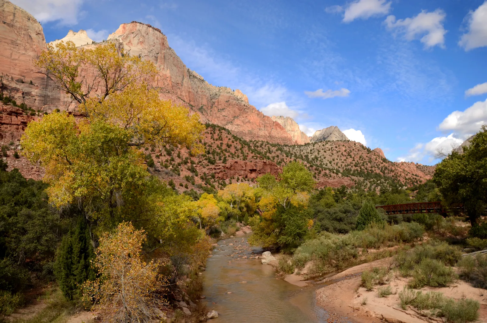 The Virgin River in Zion National Park flows between yellow-leaved trees, a bridge on the right and red sandstone slopes behind under a blue sky.