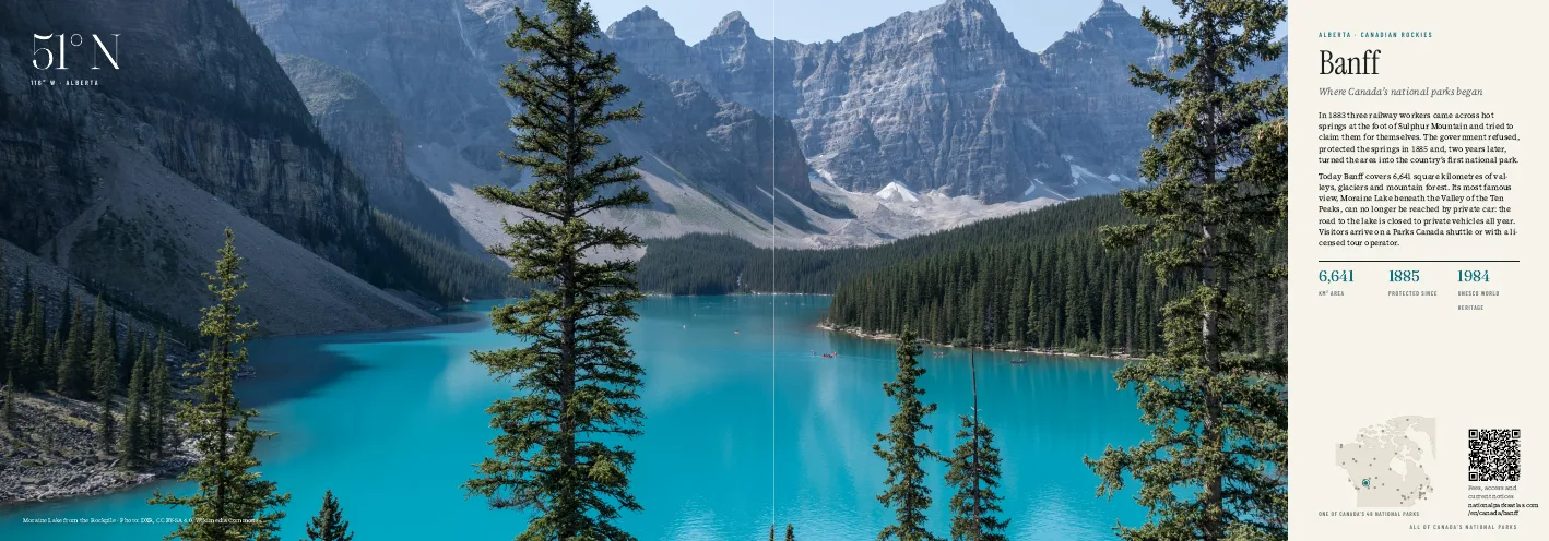 Banff spread from the photo book: Moraine Lake below the Ten Peaks, with text, key figures and a map of Canada