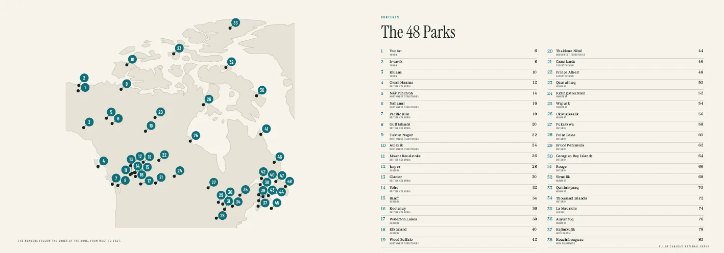Overview map from the photo book with all 48 national parks of Canada and the contents